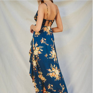 Showing Off Navy Satin Floral Maxi